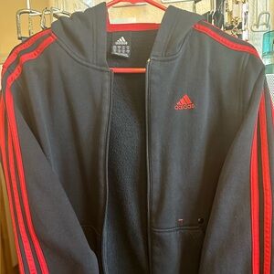 Women’s Adidas Black Zip Up Jacket with Vibrant Red Accents